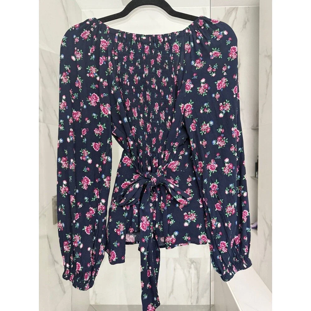 Puff-Sleeve Smocked Wrap Floral Blouse Small